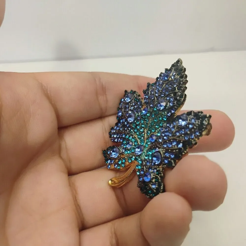 Maple Leaf Brooch Blue Shades Rhinestones Fashion Pin Jewelry Autumn Statement